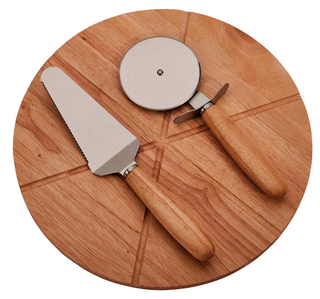 14" Wooden Pizza Board with Precision Cutting Wheel & Server